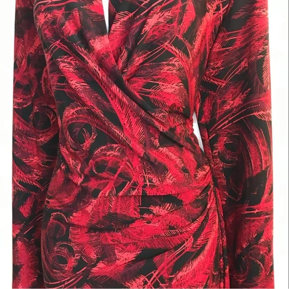 Norma Kamali red & black feather print faux wrap ls jersey dress size L in EUC - Picture 7 of 15